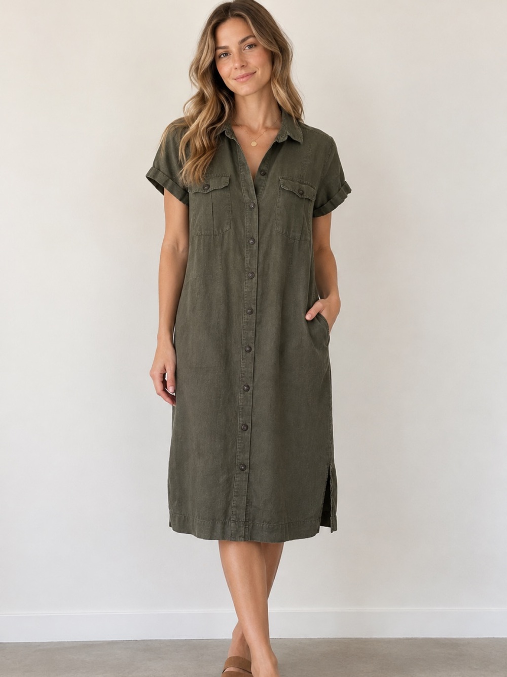 J. Jill 100% Linen Short Sleeve Button Down Midi Shirt Dress Olive Green